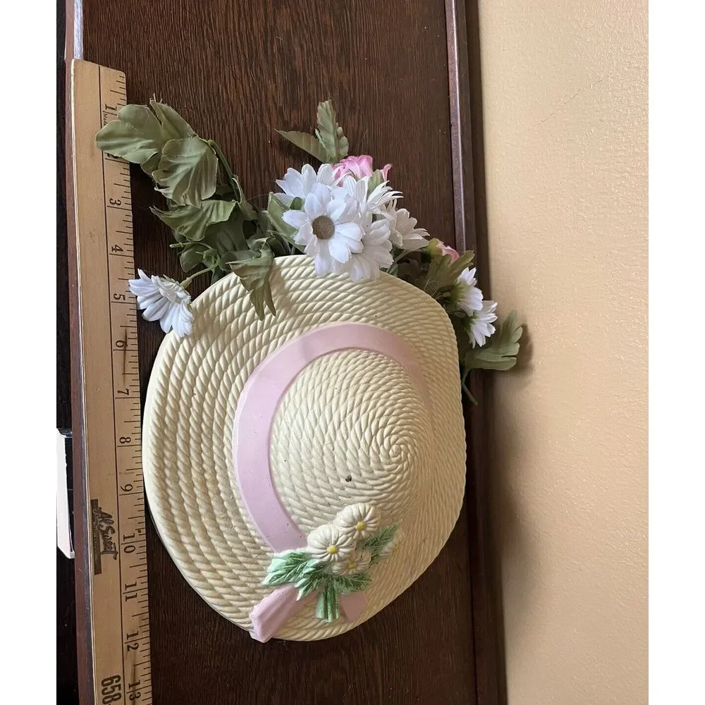 Vintage Burwood Floral Hat Wall Pocket Pink Cream Cottage Decor 1985